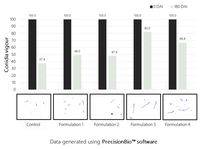 Analysis of colony forming units and conidia vigor during shelf life