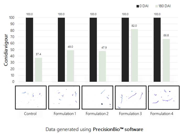 Analysis of colony forming units and conidia vigor during shelf life