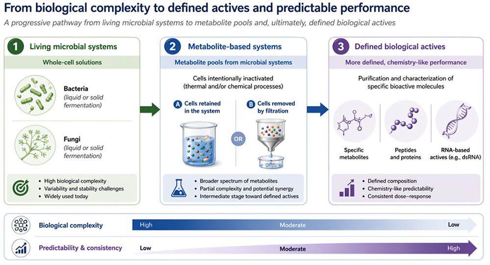 Transition of biological product development from living microbial systems to metabolite-based solutions and more defined active ingredients