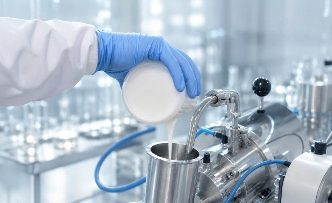Scientist pouring formulation mixtures to mill