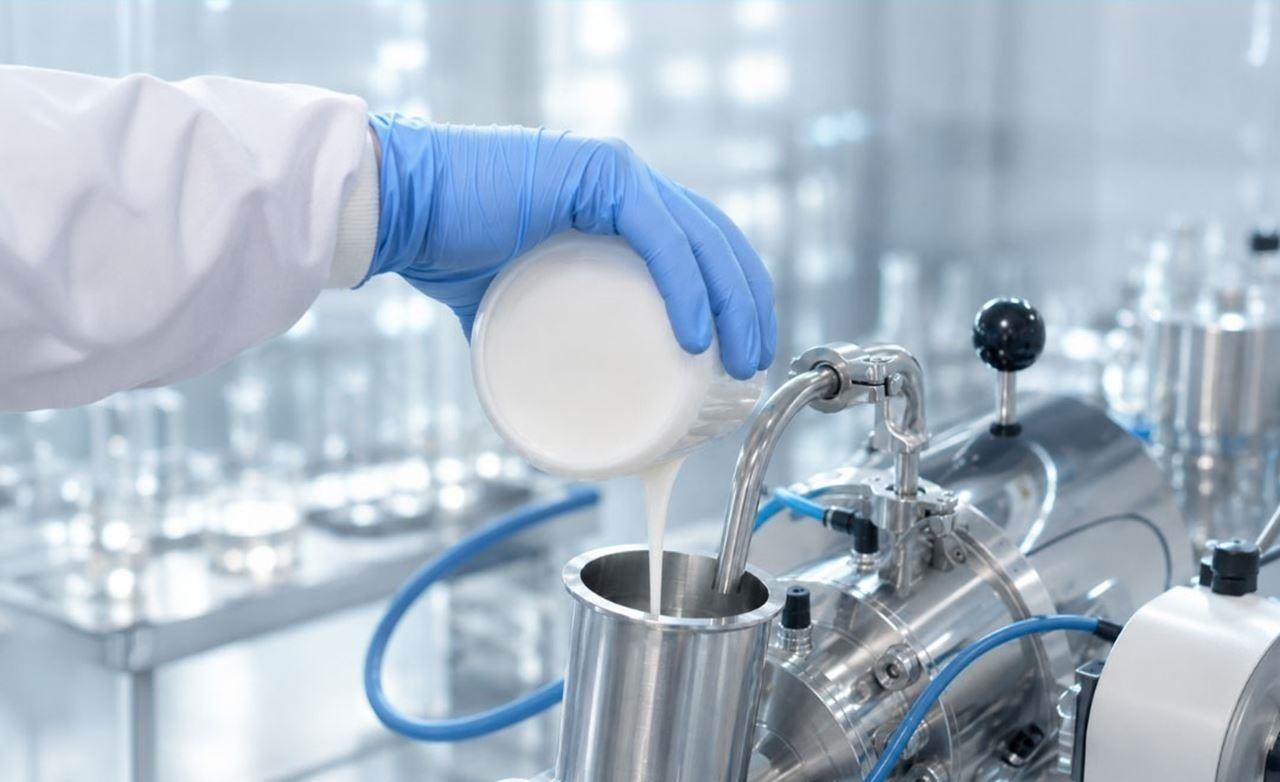Scientist pouring formulation mixtures to mill
