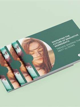 Stack of green brochures with a cover image of a woman outdoors and the title “Navigating the Future of Innovative Ingredients"