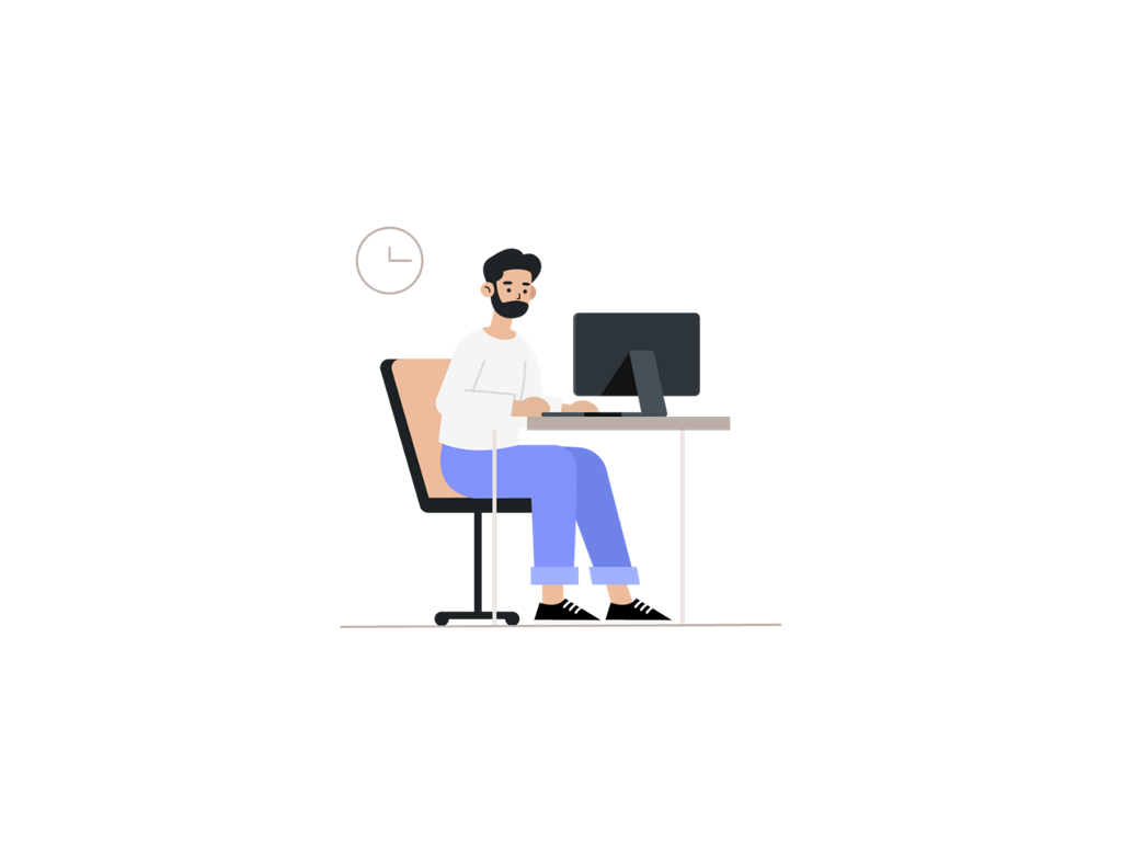 Animated man using desktop