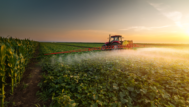 Tractor spraying pesticides on vegetable field with sprayer