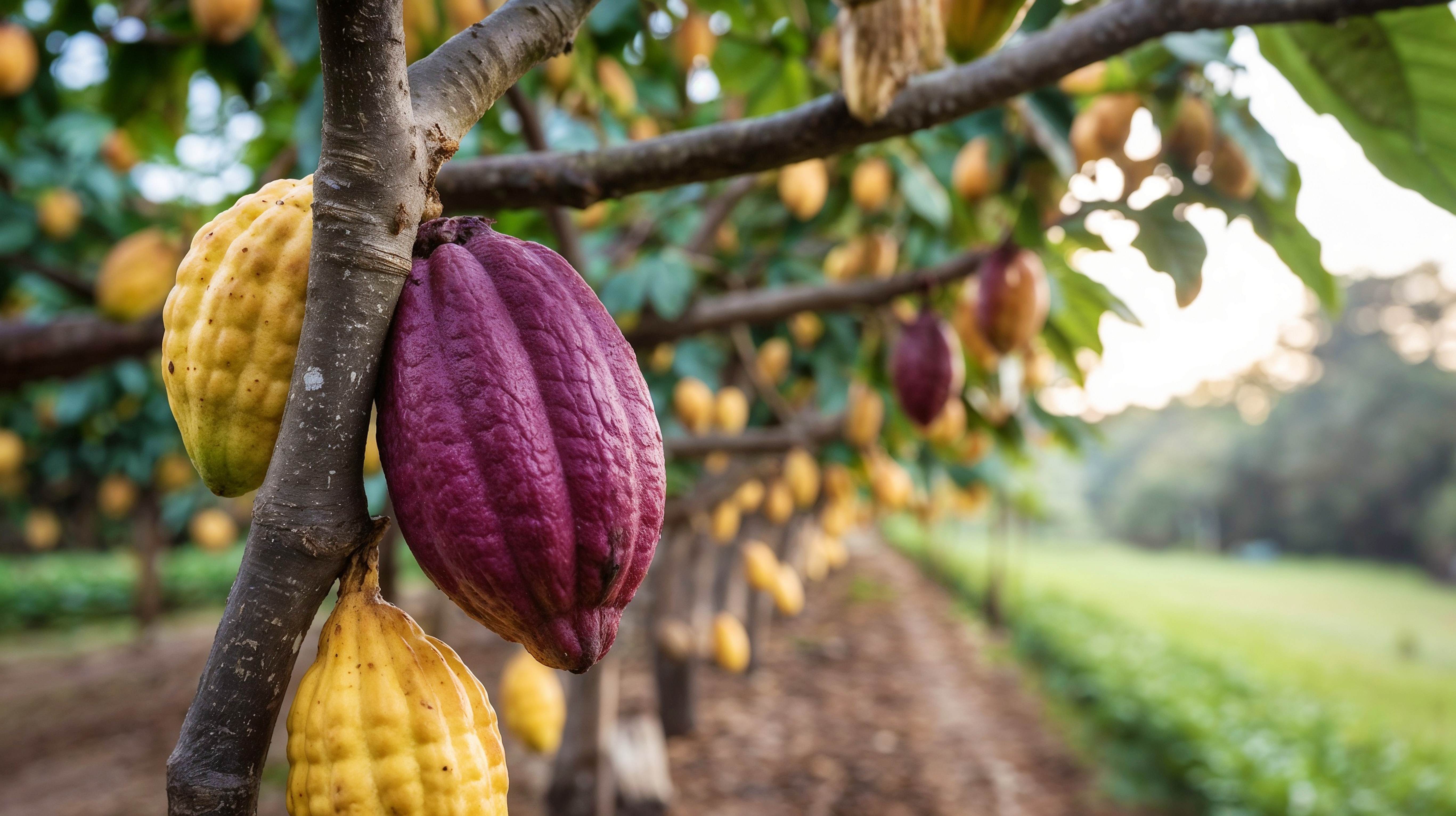 Cocoa tree with ripe cocoa pods