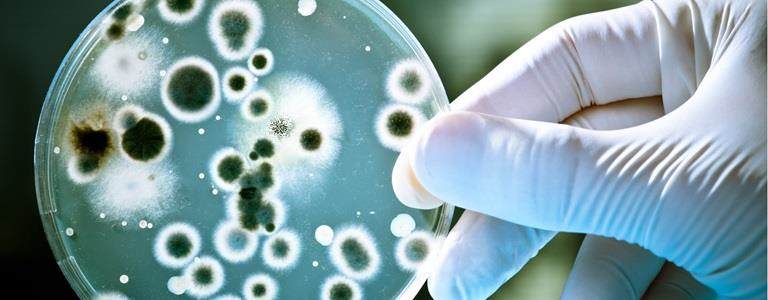 Gloved hand holding a petri dish with spores