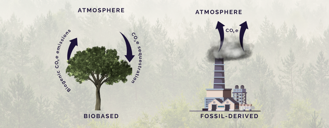 Illustration showing the carbon cycles from biobased and fossil-derived materials